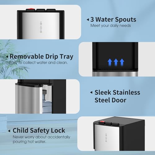 Image of Self Cleaning Bottom Load Water Cooler Dispenser for 3-5 Gallon Bottles,Hot Cold and Room, Child Safety Lock, LED Display with Empty Bottle Alert, Perfect for Home, Stainless Steel