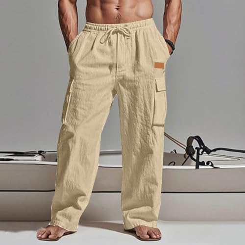 Mens Linen Cargo Pants Elastic Drawstring Waist Lightweight Summer Beach Pants Solid Color Casual Straight Trousers2