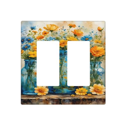 Decorative Outlet Covers Rustic Yellow Flowers Floral Blue Bottles 2 Gang Wall Plate Double Rocker Two Switch Wall Cover Plate Light Switch Cover Plate Faceplate for Country Bedroom Decor