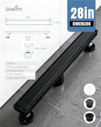 Image of 28 Inch Matte Black Linear Shower Drain | CUPC Certified 2-in-1 Tile Insert for Curbless Showers. 304 Steel, 15.8GPM Flow. Includes Hair Catcher & Adjustable Feet.