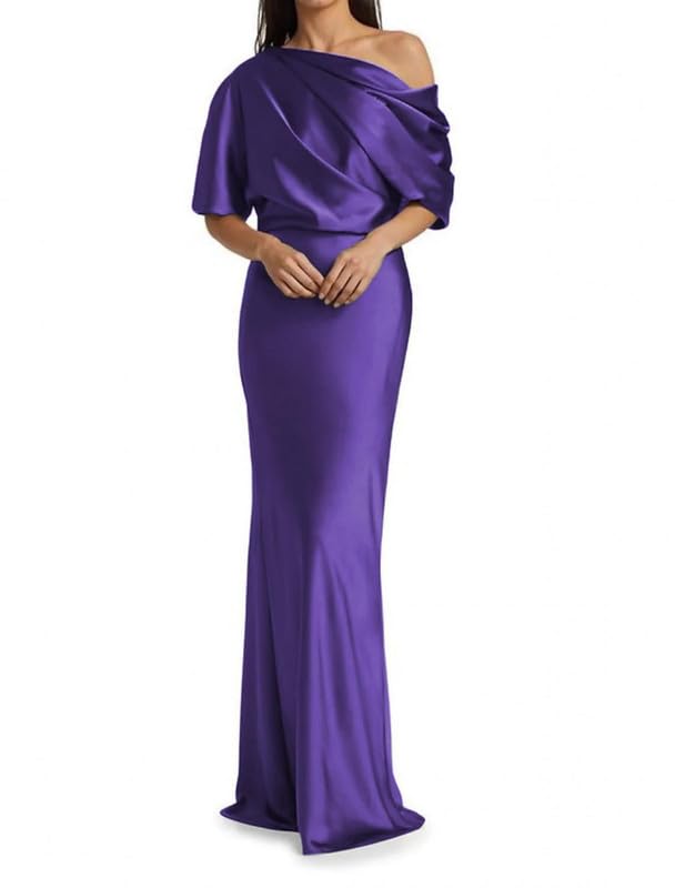 Image of Mermaid Satin Mother of The Bride Dresses for Women Ruched One Shoulder Formal Evening Gowns