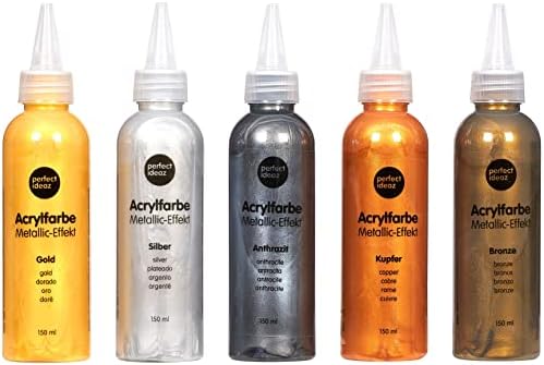 perfect ideaz Zestaw farb akrylowych 5 x 150 ML (750 ml), 5 różnych kolorów kreatywnych, wysokie stężenie pigmentów kolorystycznych, krycie i szybkie schnięcie