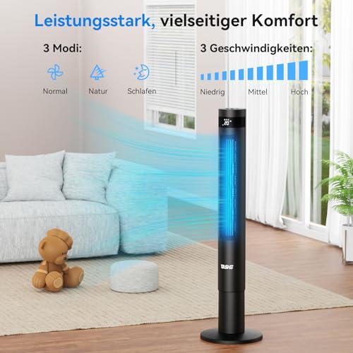 YASHE Turmventilator mit Fernbedienung, 43’’ Turmventilator mit Fernbedienung, 28dB Turmventilator Sehr Leise, Turmventilatoren 85° Oszillation, 3 Modi 3 Geschwindigkeiten, mit KüHlung