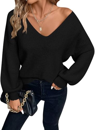 Womens Pullover Sweaters Casual Long Sleeve V Neck Loose Fit Knit Tops2