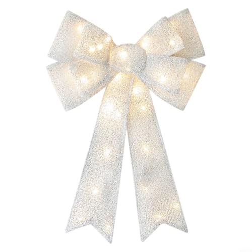 HEIBTENY Christmas Bow Decoration with Red LED Lights and 8 Lighting Modes, Weather-Resistant 54cm Festive Ornament for Outdoor Gate, Garage or Wall(Luminous silver)