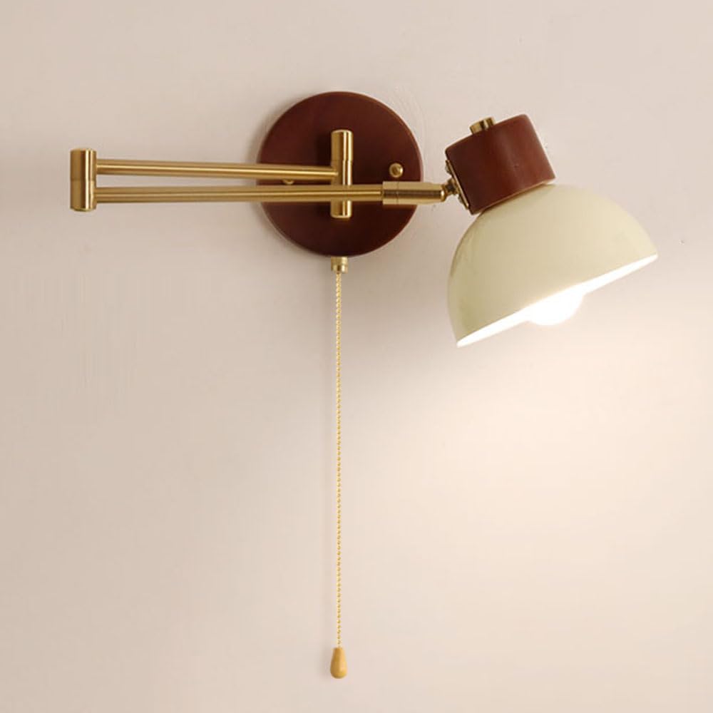 Jadssox Swing Arm Wall Lamp Bedside Reading Sconce with Pull Cord Nordic Wood Wall Mount Light Dome Hardwired Sconces Wall Lighting E27 for Bedroom Living Room Headboard Lamps