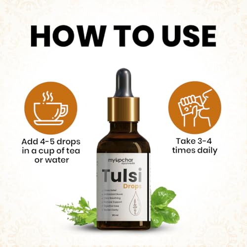Image of myUpchar Tulsi Drops - Sourced 5 Rare Tulsi from Himalayan range | Purified Tulsi Extract - Colorless and Odorless | Immunity Booster, Relieve Cough & Cold - 30ml (Pack of 1)