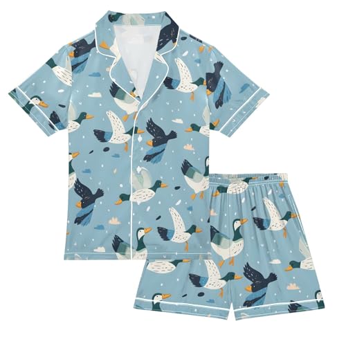 ALAZA Blue Duck Flying Satin Pajamas Set Short Sleeve Button Down Sleepwear Summer Pjs 2 Piece