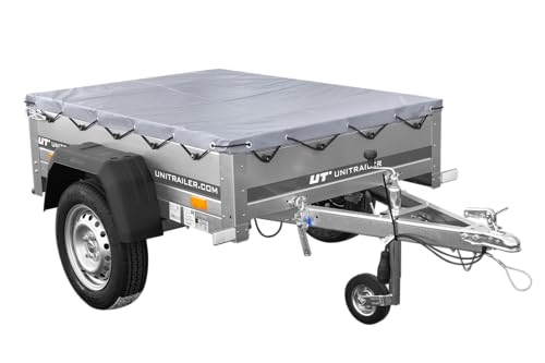 UNITRAILER Kleinanhänger für Pkw, Garden Trailer 150 Kipp 150x106 cm 750 kg - PKW Anhänger mit Flachplane, Anhänger Aufbau mit Planenträgern, Auto Anhänger inklusive Stützrad