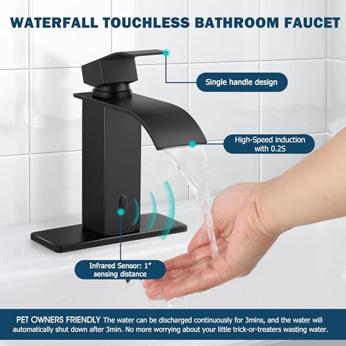 Image of Touchless Bathroom Sink Faucet, Herogo Automatic Sensor Matte Black Waterfall Stainless Steel Bathroom Faucet with Brass Pop Up Drain for Vanity RV Lavatory Farmhouse