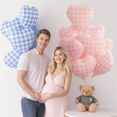 Image of 10 Pcs Blue Checked Heart Balloons, 18 Inch Pastel Blue And White Plaid Heart Shaped Balloon For Romantic Wedding Propose Valentine Engagement Bridal Shower Love Graduation Party Decorations