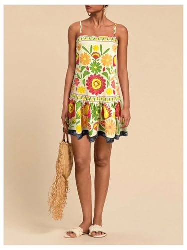 Image of RoseSeek Women's Floral Boho Flowy Mini Cami Dress Ruffle Hem Spaghetti Strap Vacation Tank Dresses