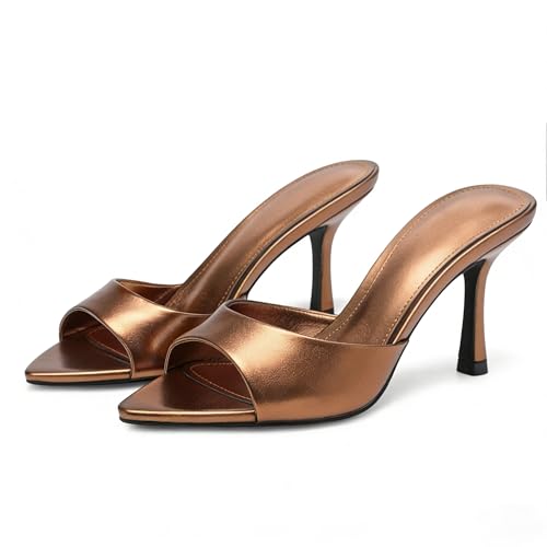 Image of Riekhany High Heel Mules for Women Slip On Open Pointed Toe Classy Patent Leather Stiletto Pumps Formal Slingback Mule Sandals Dress Walking Shoes