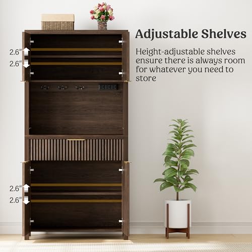 Image of Lulive 71 inch Fluted Pantry Cabinet with Charging Station, Brown | Adjustable Shelves, Open Countertop, Drawer, Spacious Kitchen Storage