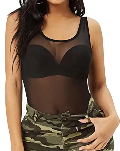 Allchic Womens Sheer Mesh Tank Tops, See Through Scoop Neck Blouses, Sleeveless Sexy Tops