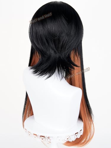 Image of Amo Empool Cosplay Wig 27.5'' Long Straight Black Orange Brown Anime Wigs | Black Layered Wig with Bangs for Women Halloween Costumes Party Daily