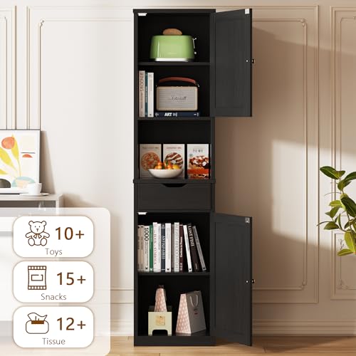 Walsunny Tall Bathroom Storage Cabinet with Freestanding Adjustable Shelves, Narrow Storage Linen Cabinet with 2 Doors and 1 Drawers for Bathroom, Living Room, Kitchen, Black - Image 4