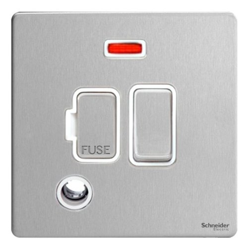 Schneider Electric Ultimate Screwless Flat Plate - Switched Fused Connection Unit, with Flex Outlet and Neon Indicator, GU5414WSS, Stainless Steel with White Insert