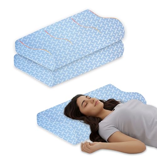 Image of Cervical Memory Foam Pillow Set of 2, Ergonomic Contour for Neck and Shoulder Pain Relief, Dual 9 cm and 12 cm Heights, Slow Rebound 50D Support, Breathable Sky Cover, 60 x 35 cm