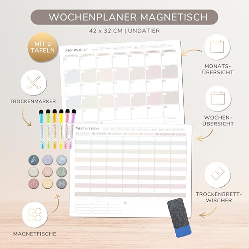 BIROYAL 2 Stk Magnetischer Wochenplaner Abwischbar inkl 30 Magnetische Sticker, Wochenplaner & Monatsplaner Abwischbar, Familienplaner, Haushaltsplaner Perfect as Essensplaner & To Do List