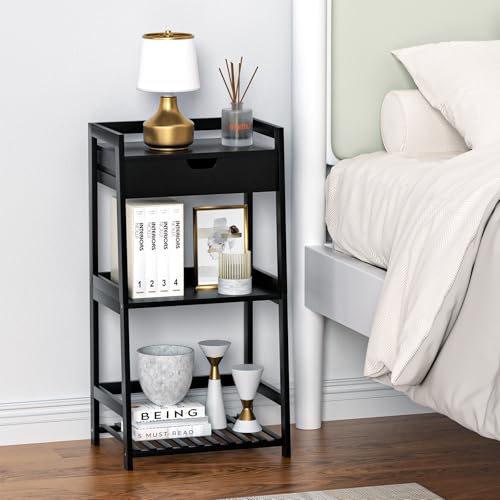 POXAKA 3 Tier Bamboo Bathroom Shelves with Drawer, Ladder Shelf for Bathroom Storage, Space-Saving Design, Stylish Display Nightstand, Stylish Storage Solution for Home, Living Room, Kitchen, Office - image 3
