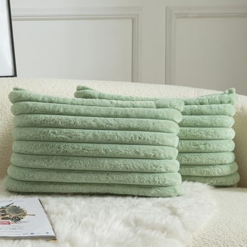 Mandioo Pack of 2 Decorative Cushion Covers 30cm x 50cm Faux Fur Striped Plush Soft Throw Pillow Covers Pillow Cases Bedroom Living Room Sofa Home 12x20 Inch Sage Green