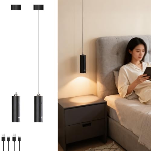 KZT Lot de 2 Suspension LED Pile Chambre Suspension Luminaire 3000K Blanc Chaud Lampadaire Suspend Dimmable Tactile, Rechargeable USB, Hauteur Réglable, pour Table de...