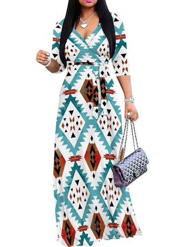 Image of PinkPatty Plus Size Maxi Dress for Women Casual V Neck 3 /4 Sleeve Boho Printed Long Dress with Pockets