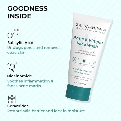 Image of Dr. Sakhiya's Acne & Pimple Face Wash (70ml) 2% Salicylic Acid, Niacinamide Oil-Free, Paraben-Free Dermatologist Formulated Cleanser | Reduces Breakouts & Blackheads