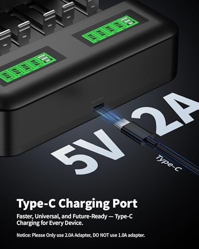 Image of EBL LCD 8 Bay Battery Charger, AA AAA C D Rechargeable Battery Charger for Rechargeable Batteries Ni-MH AA AAA C D Batteries with Type C Input
