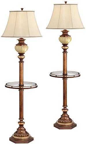 Kathy Ireland Hyde Park Rustic Vintage Floor Lamps Set Of 2 With Nightlight Glass Tray 65" Tall Bronze Gold Pearl White Frosted Glass Fabric Bell Shade For Living Room Reading House Bedroom #TOP1