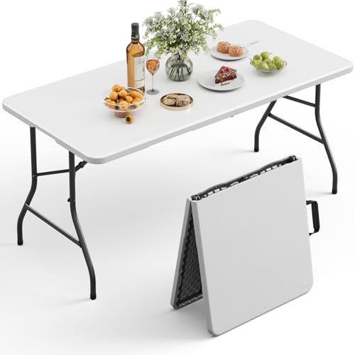 Folding Table 1 Pack 5FT Folding Table Portable with Built-in Handle Heavy Duty Plastic Table with Steel Legs Supports to 300lbs Suitable for Party Camping Events Indoor&Outdoor Use White