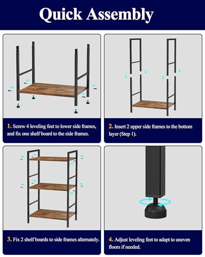 image for Kitsure 3-Tier Book Shelf - Wood & Metal Bookshelf with Handle & Adjus