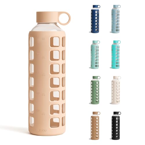 Image of purifyou 40oz / 32oz / 22oz / 12oz Borosilicate Glass Water Bottle with Time & Volume Markers, Silicone Sleeve, Stainless Steel Lid | Reusable Glass Bottle for Water & Juice (32oz Hazelnut)