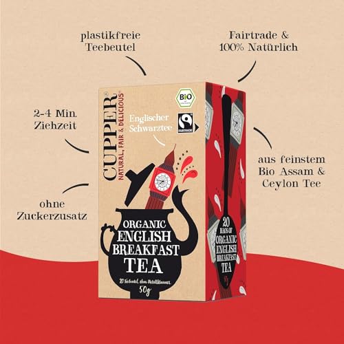 Foto von Cupper Bio Schwarztee, Schwarzer Tee, English Breakfast Tea, 20 ungebleichte Teebeutel, fairtrade, umweltfreundlich, fair gehandelt