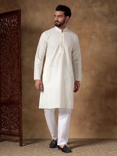 Image of Men's Solid Regular Fit Ethnic Wear White Kurta Pajama Set with Front Pocket
