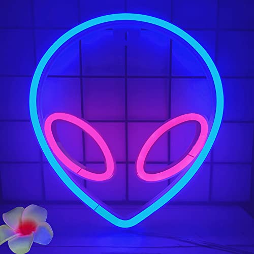 Image of YouOKLight neon signs for wall decor. alien neon lights signs,led neon signs wall mount USB or battery powered with On /off Switch,light up for home,kids room,children's day,pink inside,blue outside.