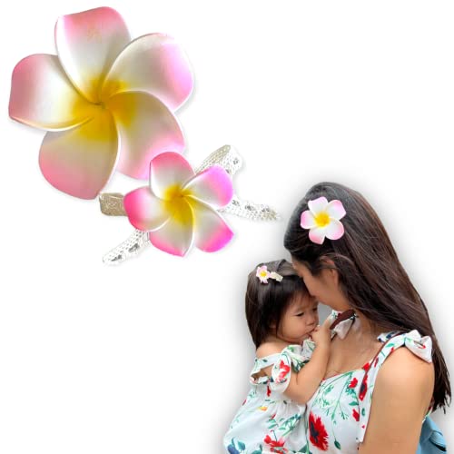 Mommy Baby Matching Handmade Hawaiian Plumeria Flower Headband and Hair Clip Set Baby Shower Gifts Holiday Gifts for Babies Baby Girls Family Matching (Flamingo Pink)