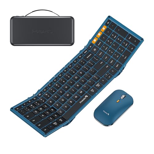 Image of ProtoArc XKM01 Full-Size Foldable Keyboard Mouse Combo for Travel - Blue | 105-key keyboard, slim mouse, hard case and phone stand; 3-device Bluetooth & 2.4G switching, for travel office use