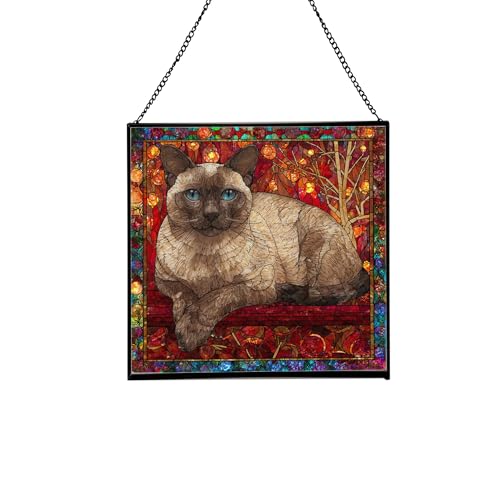 Tonkinese Cat Christmas Stained Glass Suncatcher – Square Hanging Holiday Window Panel with Cozy Fireplace Scene – Winter Glass Art Decoration Gift for Animal Lovers, Pet Owners 1e2ZMc