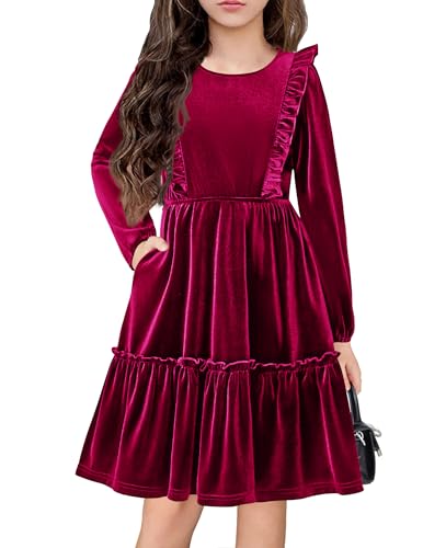 Arshiner Girls Dress Long Sleeve A Line Ruffled Smocked Casual Dress with Pockets 5-14 Years