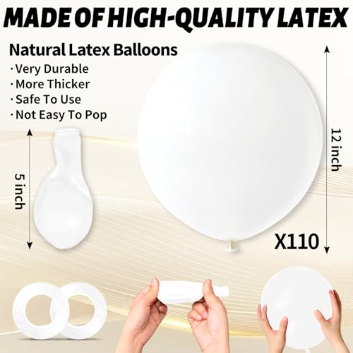 Image of 110pcs White Balloons 12 inch, White Latex Balloons Globos Blancos for Wedding Engagement Bridal Shower Birthday Party Decorations. (with 2 Ribbons). (Pack of 3)