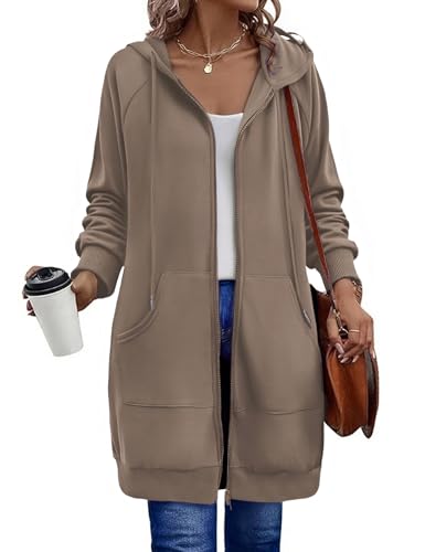 Zeagoo Women's Zip Up Hoodies Long Tunic Sweatshirts Long Sleeve Oversized Fleece Casual 2025 Fall Jacket Coat with Pocket Coffee Grey L