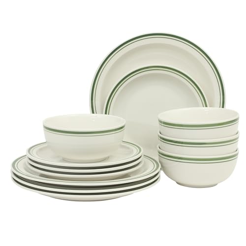 Image of Gibson Home Hometown Diner 12-Piece Porcelain Dinnerware Set, Round Plates and Bowls Set for 4, White with Green Rim, Dishwasher Safe - Dinner Plate, Salad Plate & Cereal Bowl