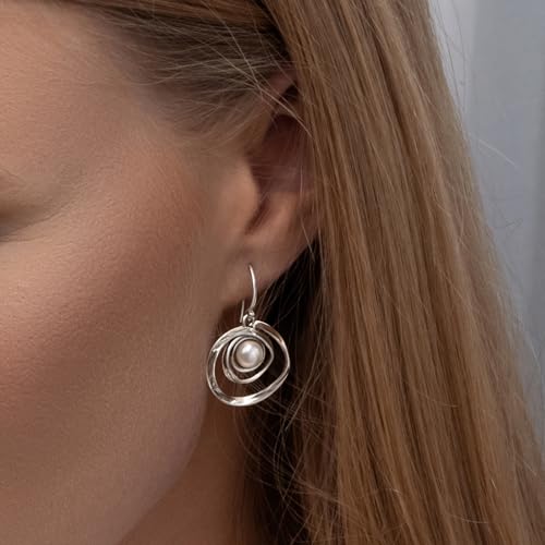 Jean Rachel Jewelry 925 Sterling Silver Dangle Earrings for Women with Freshwater Pearl - Free Form Vintage Design - Hypoallergenic, Lead & Nickel Free - Artisan Handcrafted Statement Earrings3