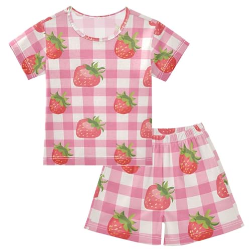 ALAZA Plaid Strawberry Pajamas Short Sleeve 2 Piece Sleepwear Top and Bottom Pajama Set Unisex