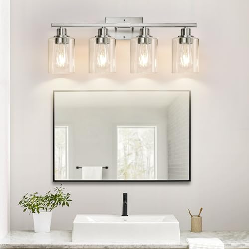 Image of MOKATNG 4-Light Bathroom Light Fixtures, Vanity Light with Clear Glass Shades, Brushed Nickel Bathroom Light Fixtures Over Mirror, Modern Bathroom Wall Lamp for Mirror Living Room Cabinet Bedroom