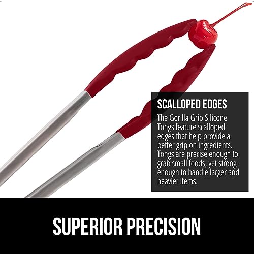 Image of GORILLA GRIP Stainless Steel Heat Resistant Kitchen Tongs for Cooking, 9 + 12 Inch, Set of 2 BBQ Tong, Non Scratch Silicone Tip for Pan, Strong Grip, Grab Food, Toss Salad, Air Fryer, Pull Lock, Red