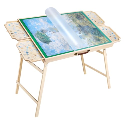 VEVOR Table de Puzzle 1500 Pièces, Planche de Puzzle 86,5 x 63,5 cm, avec Pieds Pliables, 4 Tiroirs et Couverture, Plateau Casse-Tête Portable en Bois, Inclinaison Réglable sur 6 Angles, Famille