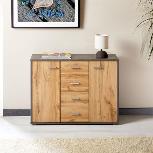 Sideboard Jamie mit 2 Türen und 4 Schubladen, Moderne Kommode Büromöbel in Beton dunkel/Wotan Eiche